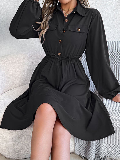 A-line Long Sleeves Buttoned Pleated Solid Color Tied Lapel Midi Dresses Shirt Dress