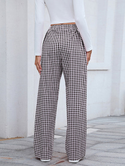 Elasticated Waist High Waisted Contrast Color Plaid Pockets Split-Joint Pants Trousers