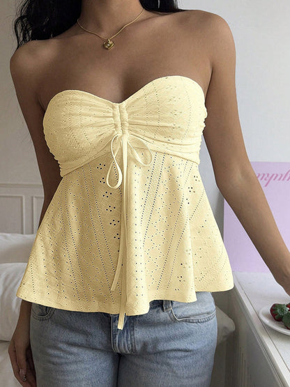 Skinny Sleeveless Backless Hollow Pleated Solid Color Split-Joint Tied Tube Vest Top