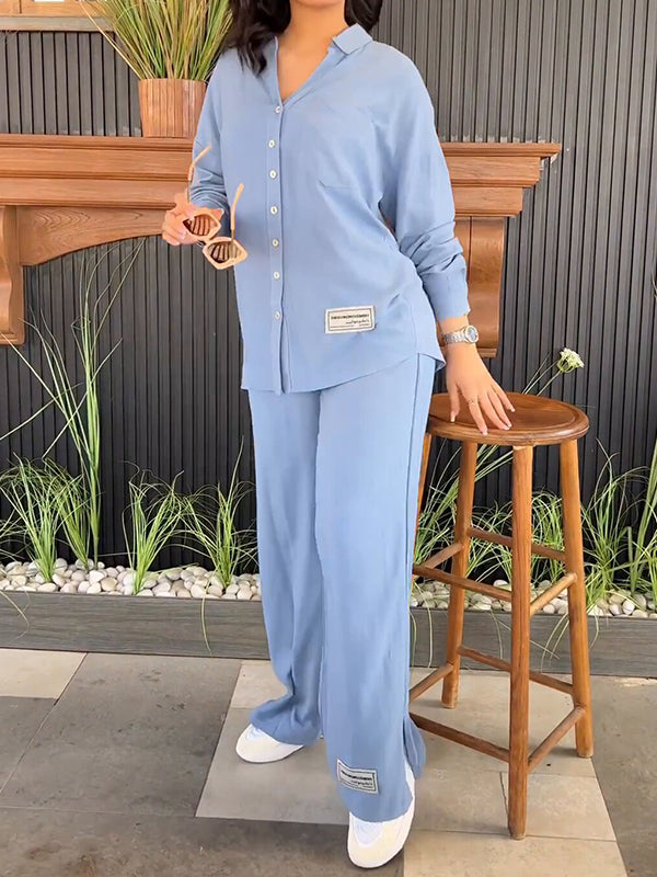Solid Color Long Sleeves Buttoned Lapel Shirts Top + Split-Side High Waisted Pants Bottom Two Pieces Set