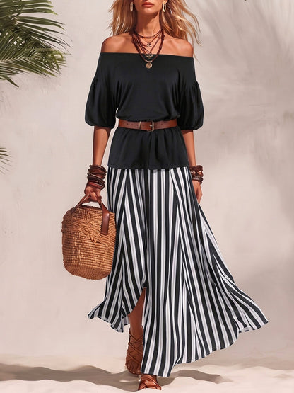 Half Sleeves Solid Color Off-The-Shoulder T-Shirts Tops + Belted Contrast Color A-Line Striped Skirts Bottoms Two Pieces Set