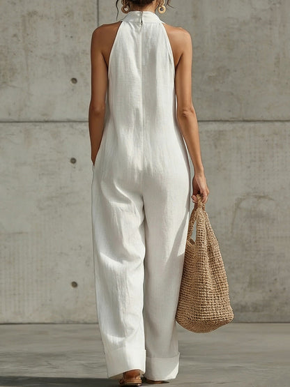 High Waisted Sleeveless Pockets Solid Color V-Neck Jumpsuits