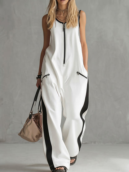 Loose Sleeveless Contrast Color Pockets Zipper V-Neck Jumpsuits