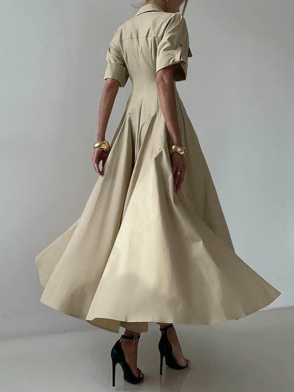 Short Sleeves Buttoned Solid Color Lapel Maxi Dresses Shirt Dress