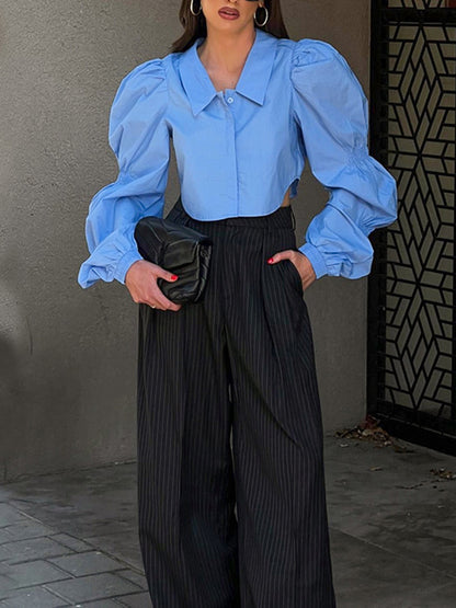 Bishop Sleeve Long Sleeves Buttoned Elasticity Solid Color Lapel Blouses&Shirts Tops