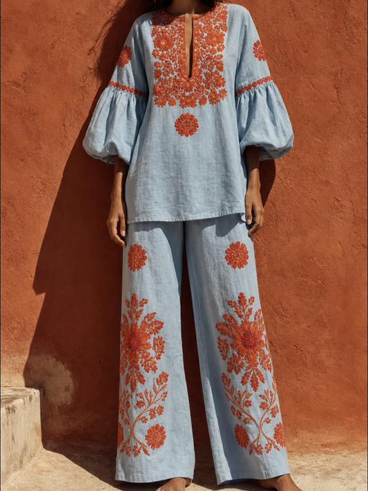 Long Sleeves Contrast Color Flower Print Pleated V-neck Blouses&shirts Tops + Pockets High Waisted Pants Trousers Two Pieces Set