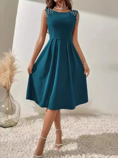 A-Line High Waisted Beads Pleated Solid Color Split-Joint Round-Neck Mini Dresses