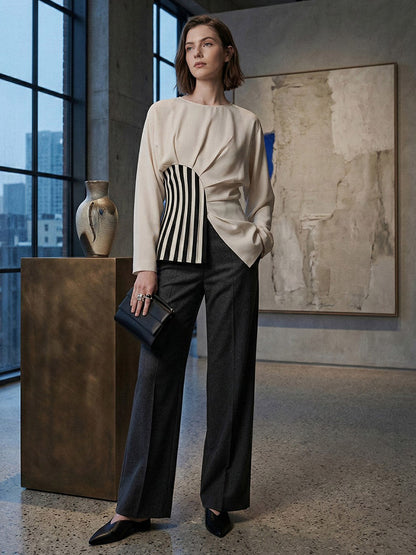 Irregularity Long Sleeves Asymmetric Pleated Split-Joint Striped Zipper Round-Neck Blouses&Shirts Tops