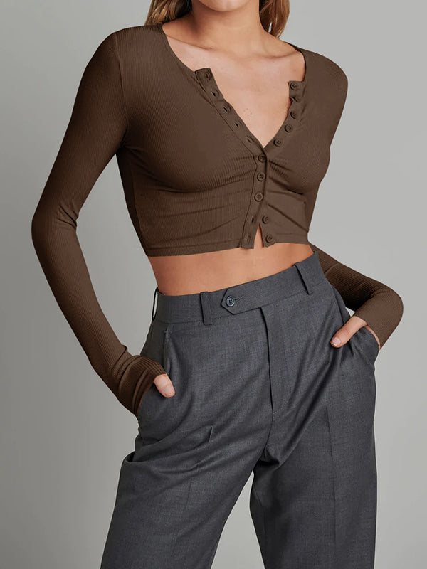Long Sleeves Skinny Buttoned Solid Color Round-Neck Cardigan Tops