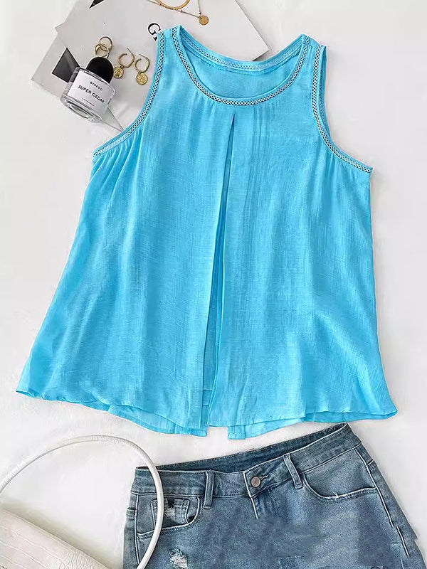 Loose Sleeveless Solid Color Split-Back Split-Front Split-Joint Round-Neck Vest Top