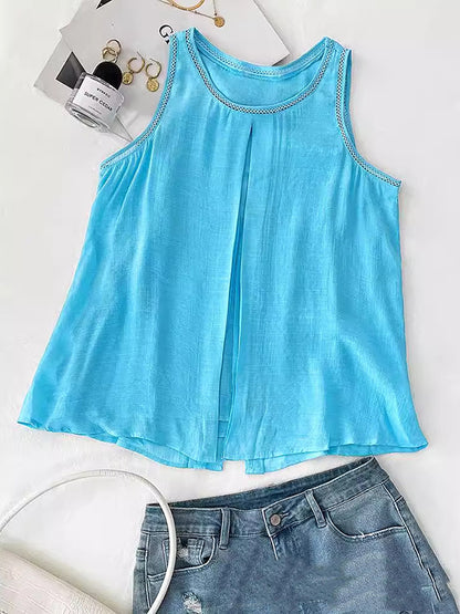 Loose Sleeveless Solid Color Split-Back Split-Front Split-Joint Round-Neck Vest Top