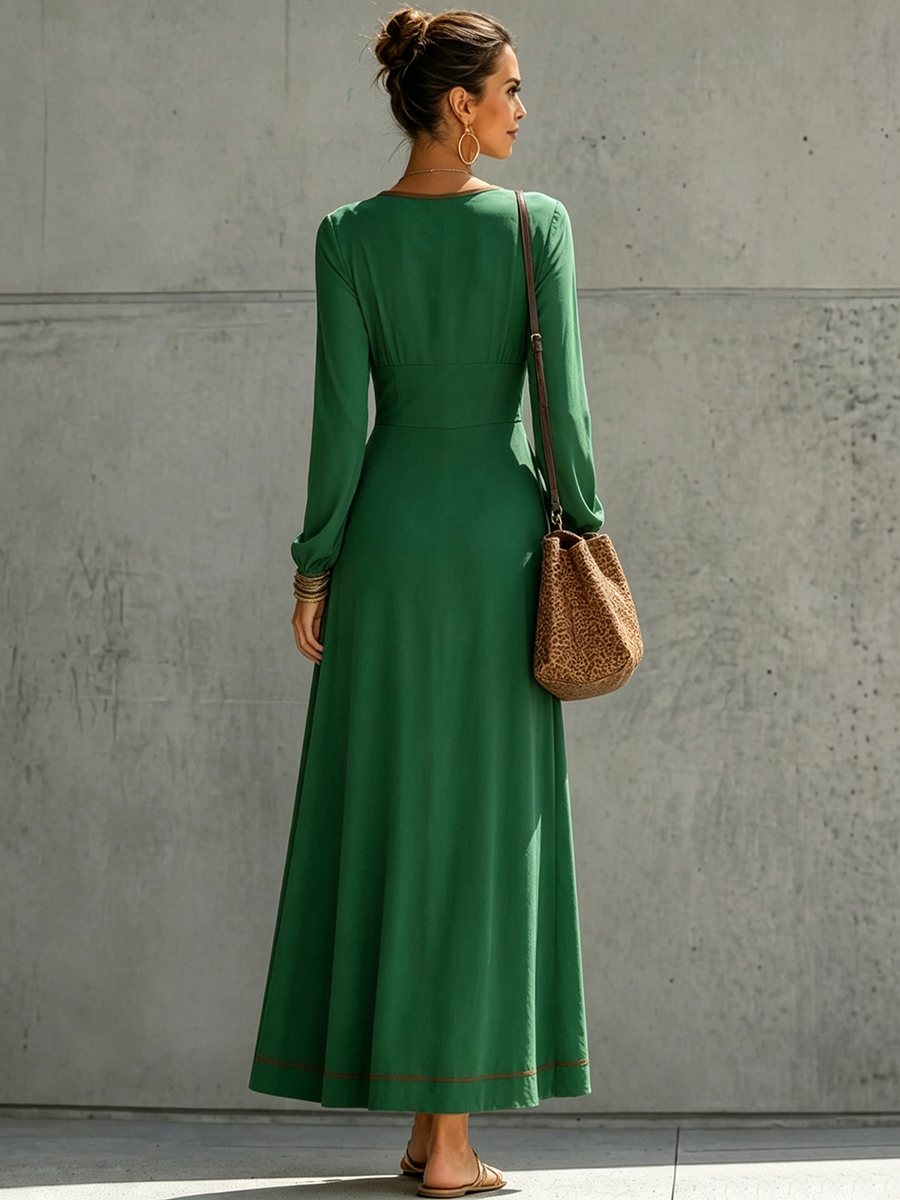 A-Line High Waisted Pockets Solid Color Zipper Deep V-Neck Maxi Dresses