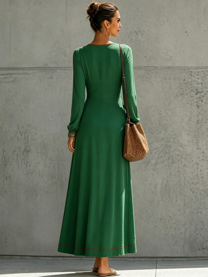 A-Line High Waisted Pockets Solid Color Zipper Deep V-Neck Maxi Dresses