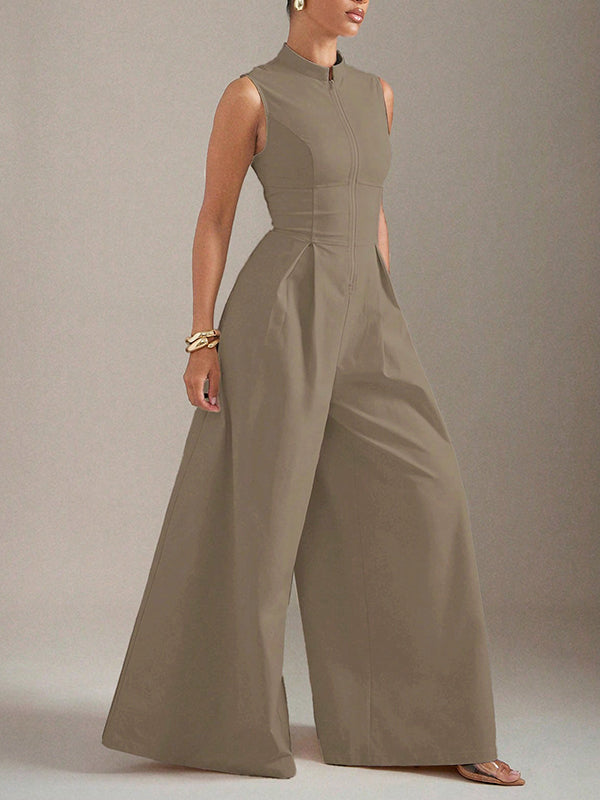 Sleeveless Wide Leg Pleated Solid Color Split-Joint Zipper Round-Neck Jumpsuits