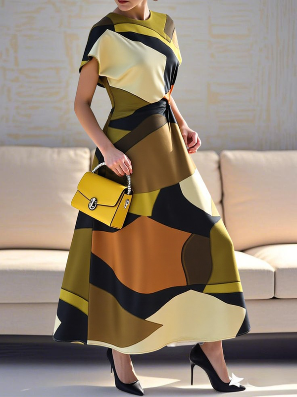 High Waisted Loose Contrast Color Pleated Round-Neck Maxi Dresses