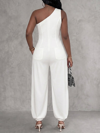 Sleeveless Pockets Solid Color One-Shoulder Jumpsuits
