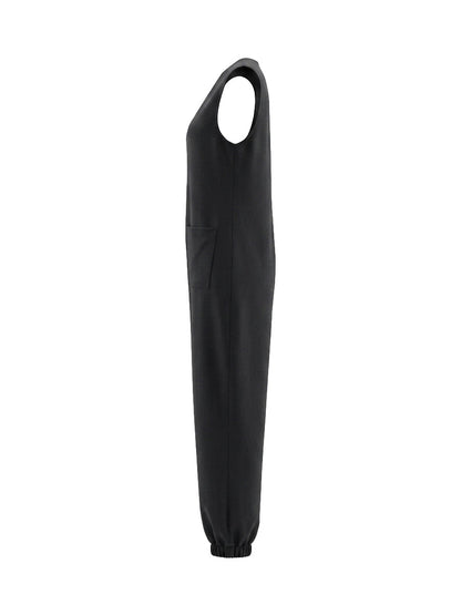 Sleeveless Wide Leg Buttoned Pockets Solid Color V-Neck Jumpsuits