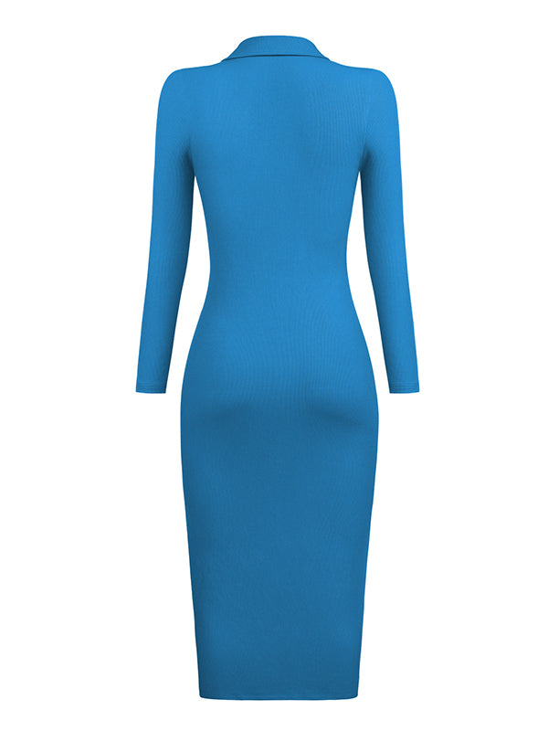 High Waisted Long Sleeves Buttoned Solid Color Lapel Midi Dresses