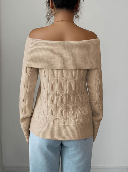 Long Sleeves Solid Color Split-Joint Off-The-Shoulder Pullovers Sweater Tops