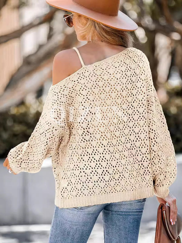 Long Sleeves Loose Hollow Solid Color Asymmetric Collar Pullovers Sweater Tops