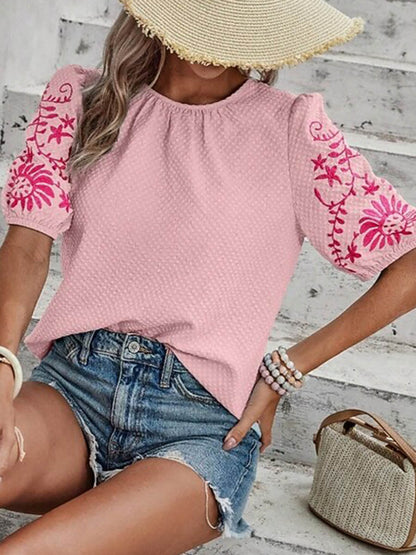 Loose Short Sleeves Bow-Embellished Contrast Color Split-Joint Round-Neck Blouses&Shirts Tops