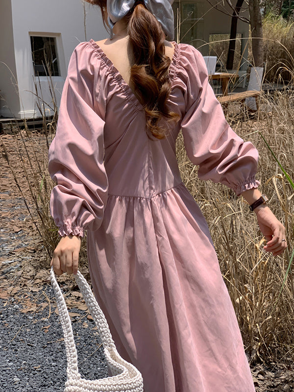 Bishop Sleeve Long Sleeves Elasticity Pleated Ruffled Solid Color Split-Joint Deep V-Neck Midi Dresses