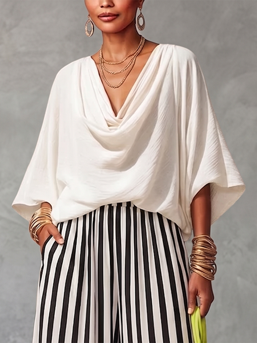 Solid Color Three-quarter Sleeves Loose Heaps Collar Blouses&shirts Tops