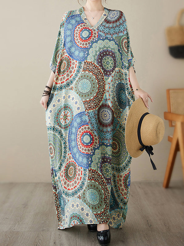 Loose Short Sleeves Ethnic Printed V-Neck Maxi Dresses