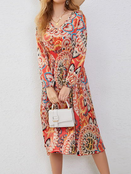 A-Line Bishop Sleeve Elasticity Flower Print Pleated V-Neck Midi Dresses