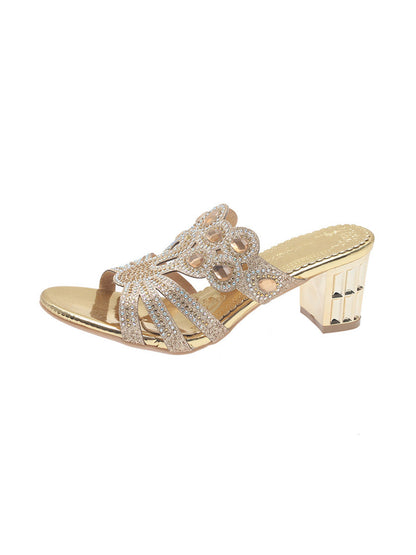 Square Heel Open Toe Rhinestone Pumps