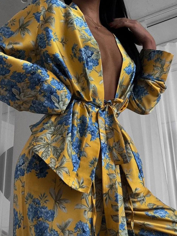 Loose Printed Split-Joint Deep V-Neck Lace-Up Blouse + Drawstring Elasticity Pants Trousers Two Pieces Set