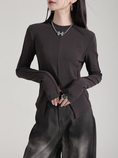 Long Sleeves Skinny Solid Color Split-Front Round-Neck T-Shirts Tops