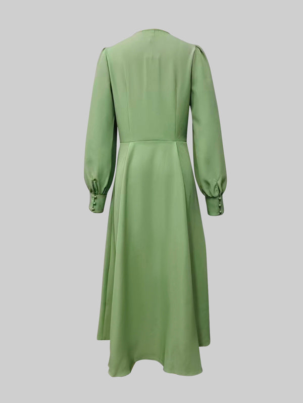 A-Line Long Sleeves Pleated Pockets Solid Color Zipper V-Neck Midi Dresses