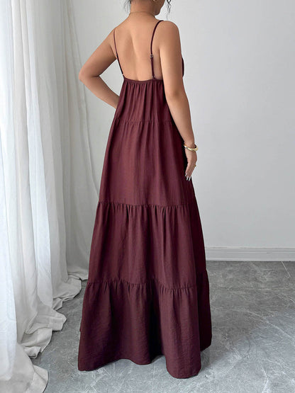 A-Line Sleeveless Backless Drawstring Pleated Solid Color Spaghetti-Neck Maxi Dresses