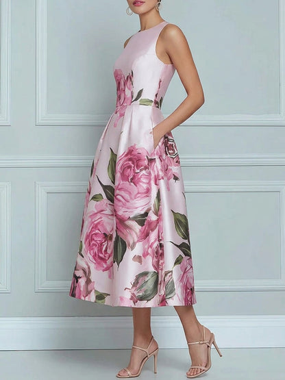 A-Line High Waisted Contrast Color Flower Print Pleated Pockets Zipper Round-Neck Midi Dresses