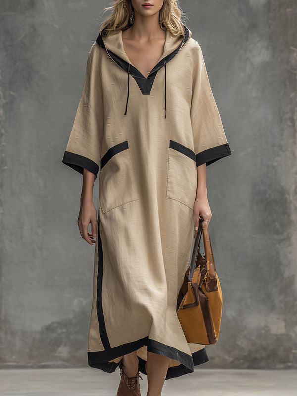 Pockets Drawstring Contrast Color Three-quarter Sleeves Loose Hooded Midi Dresses