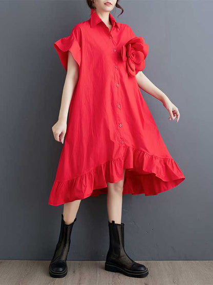 Loose Short Sleeves Asymmetric Buttoned Ruffled Solid Color Three-Dimensional Flower Lapel Midi Dresses
