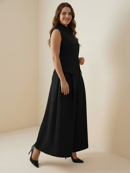 Elasticated Waist High Waisted Asymmetric Buttoned Solid Color Split-Joint Stand Collar Tank Top