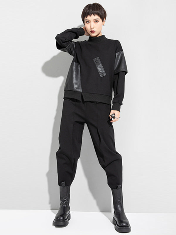 Thicken PU Split-Joint False-Two Asymmetric Sweatshirt