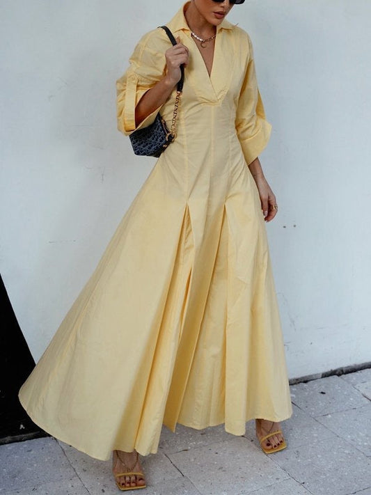 A-Line High Waisted Pleated Solid Color V-Neck Maxi Dresses Shirt Dress