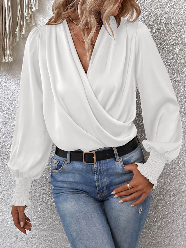 Long Sleeves Loose Elasticity Solid Color V-Neck Blouses&Shirts Tops