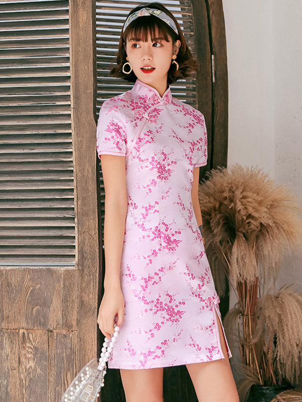 Plum Blossom Print Stand Collar Short Cheongsam
