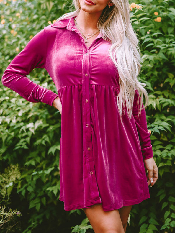 Long Sleeves Loose Pleated Split-Joint Velvet Lapel Mini Dresses Shirt Dress