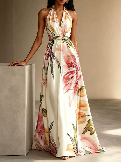 Flower Print Drawstring Contrast Color Backless Sleeveless Loose V-neck Midi Dresses