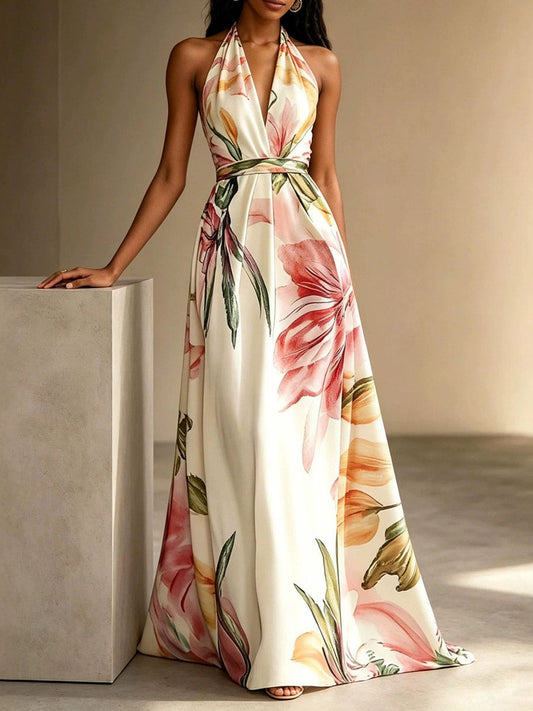 Flower Print Drawstring Contrast Color Backless Sleeveless Loose V-neck Midi Dresses