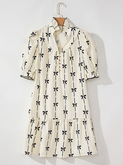 A-Line Loose Bowknot Contrast Color Printed Split-Joint Stand Collar Midi Dresses
