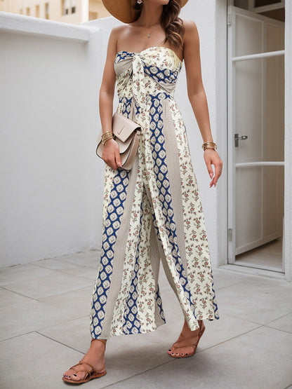 High Waisted Sleeveless Backless Contrast Color Pleated Printed Split-Joint Tied Twist Tube Jumpsuits
