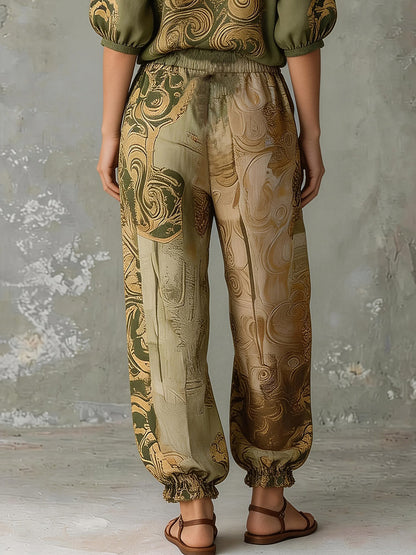 Contrast Color Printed V-Neck Half Sleeves Blouses&Shirts Tops + High Waisted Tied Waist Pockets Pants Trousers Two Pieces Set