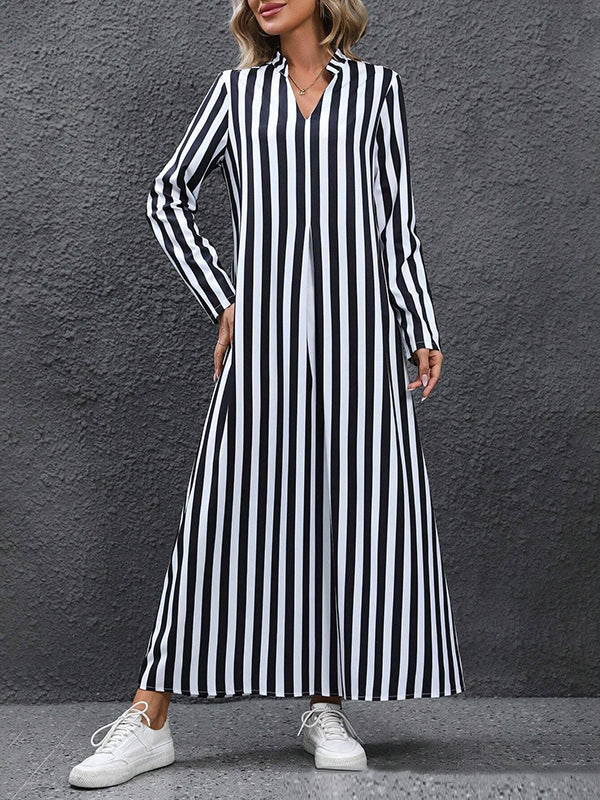 A-Line Long Sleeves Contrast Color Pleated Striped V-Neck Maxi Dresses