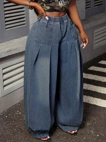 Loose Elasticity Pockets Solid Color Jean Pants Bottoms Trousers